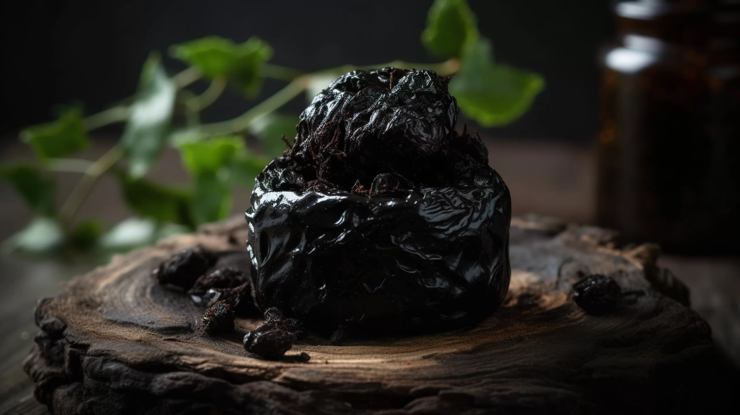 black-ball-dried-plums-sits-piece-wood-with-green-leaves-it